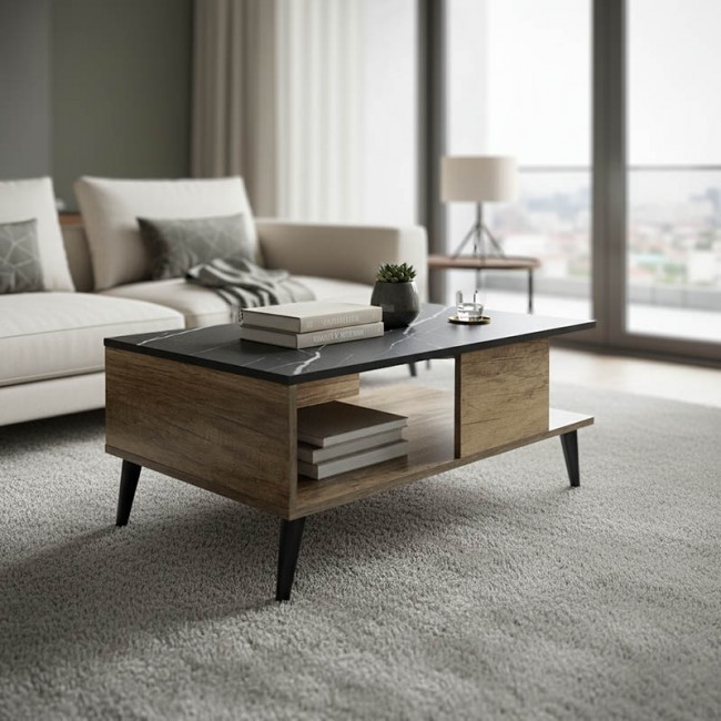 Τραπέζι σαλονιού Moses pakoworld χρώμα μαύρο μαρμάρου-sonoma 90x54x37.5εκ Τραπέζι σαλονιού Moses pakoworld χρώμα μαύρο μαρμάρου-sonoma 90x54x37.5εκ