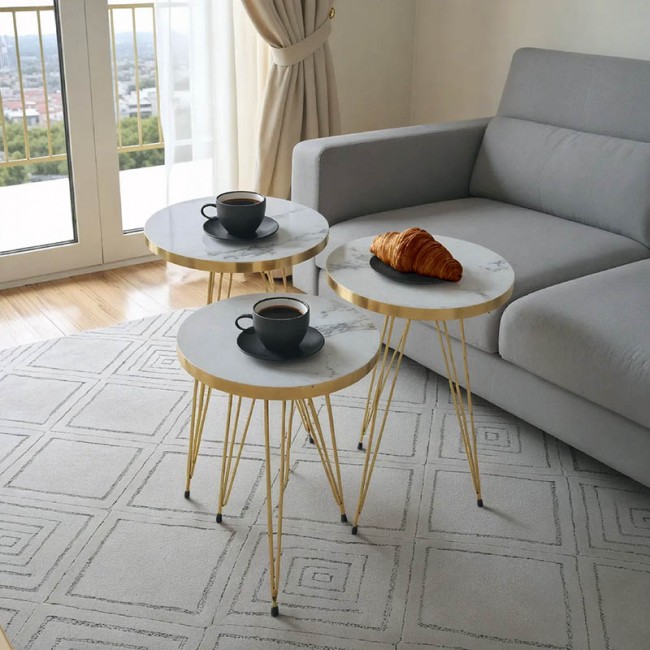 Βοηθητικά τραπέζια Wakmi pakoworld σετ 3τεμ λευκό μπεζ μαρμάρου μελαμίνης-χρυσό μέταλλο Βοηθητικά τραπέζια Wakmi pakoworld σετ 3τεμ λευκό μπεζ μαρμάρου μελαμίνης-χρυσό μέταλλο