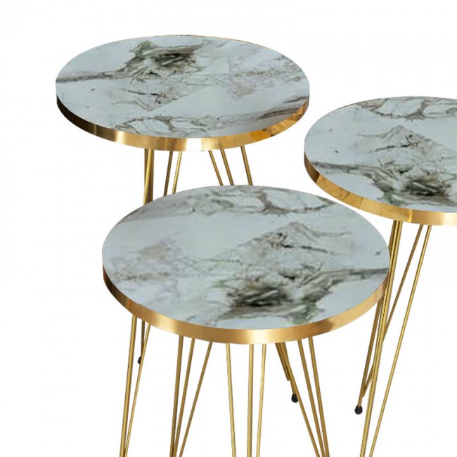 Βοηθητικά τραπέζια Wakmi pakoworld σετ 3τεμ λευκό μπεζ μαρμάρου μελαμίνης-χρυσό μέταλλο Βοηθητικά τραπέζια Wakmi pakoworld σετ 3τεμ λευκό μπεζ μαρμάρου μελαμίνης-χρυσό μέταλλο
