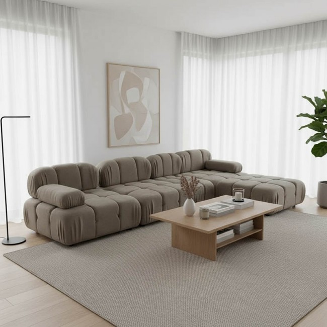 Kαναπές τριθέσιος με σκαμπό Hypnotic I pakoworld ύφασμα με μαξιλάρια σε γκρι-μπεζ απόχρωση 294x98x76εκ