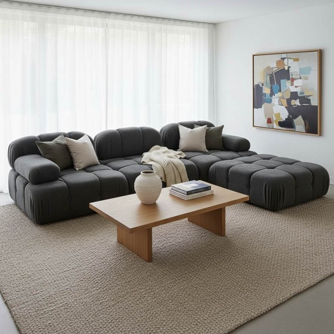 Kαναπές τριθέσιος με σκαμπό Hypnotic I pakoworld ύφασμα με μαξιλάρια σε γκρι απόχρωση 294x98x76εκ