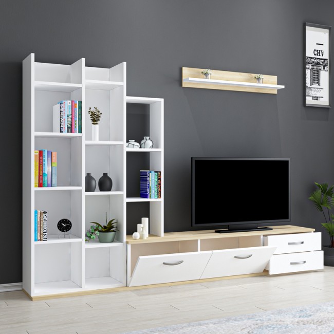 Σύνθετο σαλονιού Leman pakoworld σε λευκή-oak απόχρωση 240x35x154εκ Σύνθετο σαλονιού Leman pakoworld σε λευκή-oak απόχρωση 240x35x154εκ