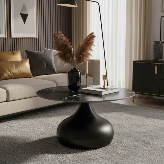 Τραπέζι σαλονιού Kirkene Inart sintered stone σε απόχρωση μαύρο μαρμάρου με μαύρο μέταλλο Φ70x40εκ Τραπέζι σαλονιού Kirkene Inart sintered stone σε απόχρωση μαύρο μαρμάρου με μαύρο μέταλλο Φ70x40εκ