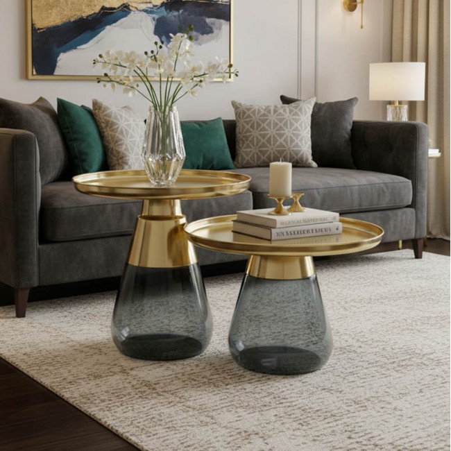 Τραπέζια σαλονιού Kunlo Inart σετ 2τεμ χρυσό χρώμιο-μαύρο γυαλί Τραπέζια σαλονιού Kunlo Inart σετ 2τεμ χρυσό χρώμιο-μαύρο γυαλί