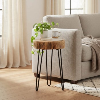 Βοηθητικό τραπέζι Tripp Ι pakoworld μασίφ ξύλο ακακίας σε φυσική απόχρωση-μαύρα μεταλλικά πόδια Φ32x47εκ