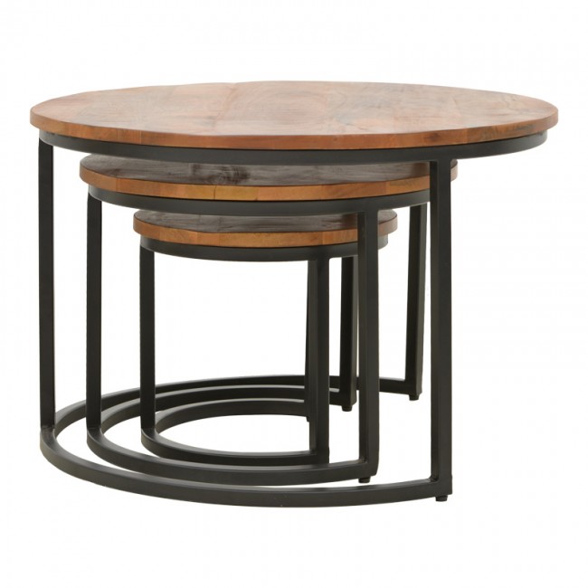 Τραπέζι σαλονιού Frina pakoworld σετ 3τεμ mango ξύλο σε καρυδί απόχρωση με πόδι μαύρο μέταλλο