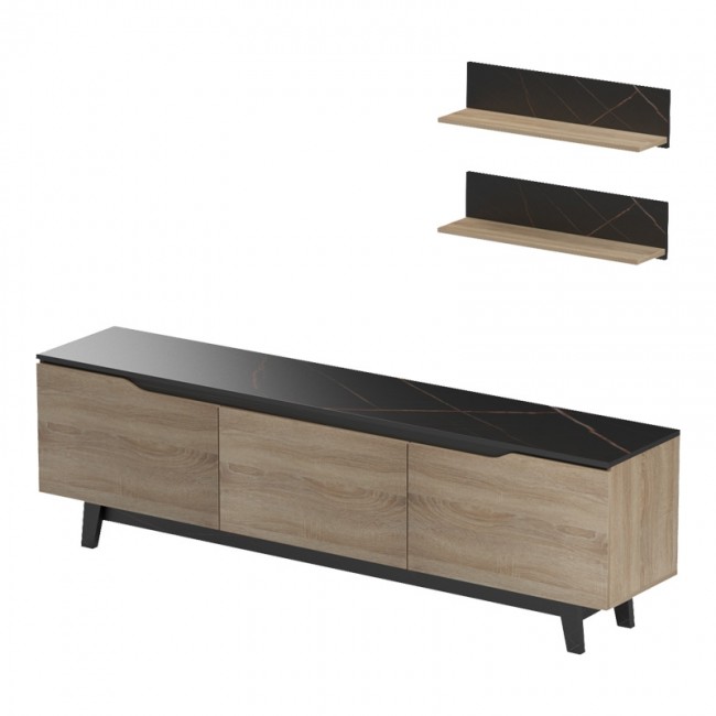 Σύνθετο σαλονιού Kasia pakoworld σε μαύρο μαρμάρου-sonoma απόχρωση 180x35x48.5εκ Σύνθετο σαλονιού Kasia pakoworld σε μαύρο μαρμάρου-sonoma απόχρωση 180x35x48.5εκ