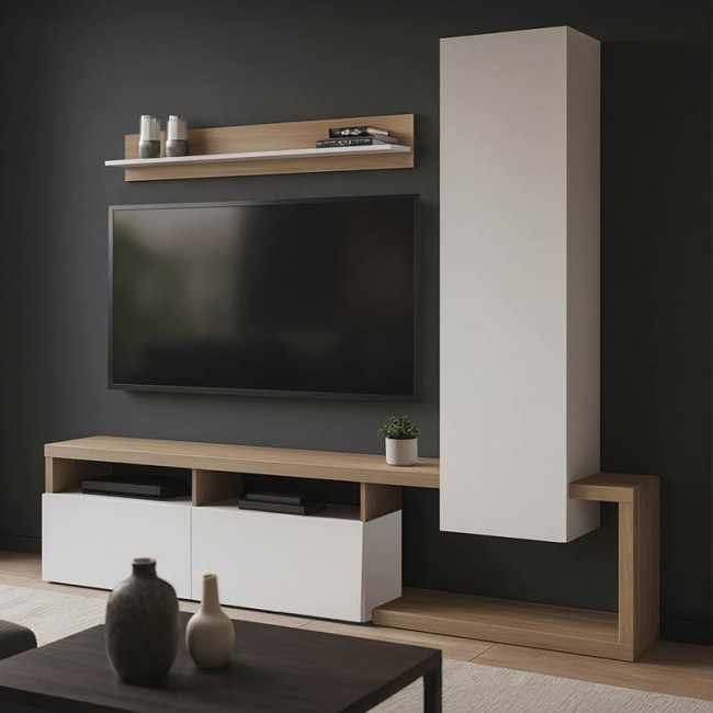 Σύνθετο σαλονιού Leganto pakoworld σε sonoma με λευκή απόχρωση 220.5x35x197.5εκ Σύνθετο σαλονιού Leganto pakoworld σε sonoma με λευκή απόχρωση 220.5x35x197.5εκ