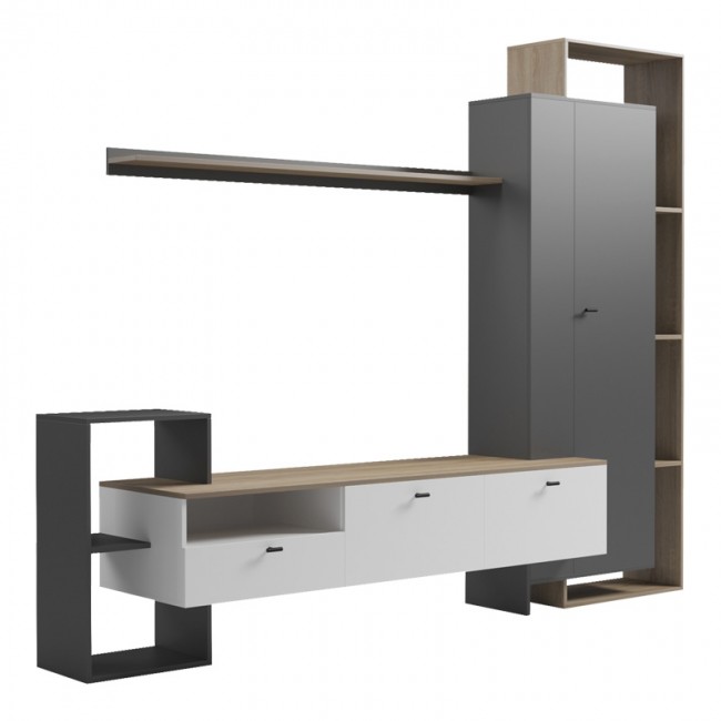 Σύνθετο σαλονιού Ferefia pakoworld σε sonoma με λευκή και γκρι απόχρωση 240x45.5x189.5εκ Σύνθετο σαλονιού Ferefia pakoworld σε sonoma με λευκή και γκρι απόχρωση 240x45.5x189.5εκ